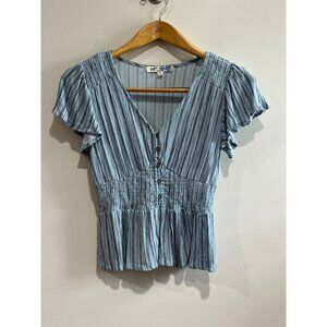 Jolt V-Neck Smocked Blouse Womens S Blue Rayon Ruffle